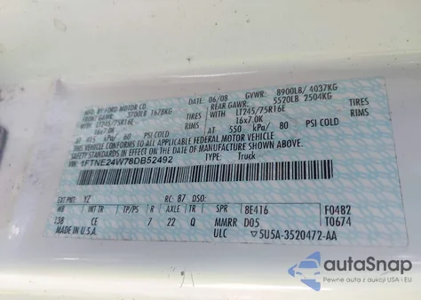 2008 Ford E-250 Commercial z USA, uszkodzony, nr VIN 1FTNE24W78DB52492